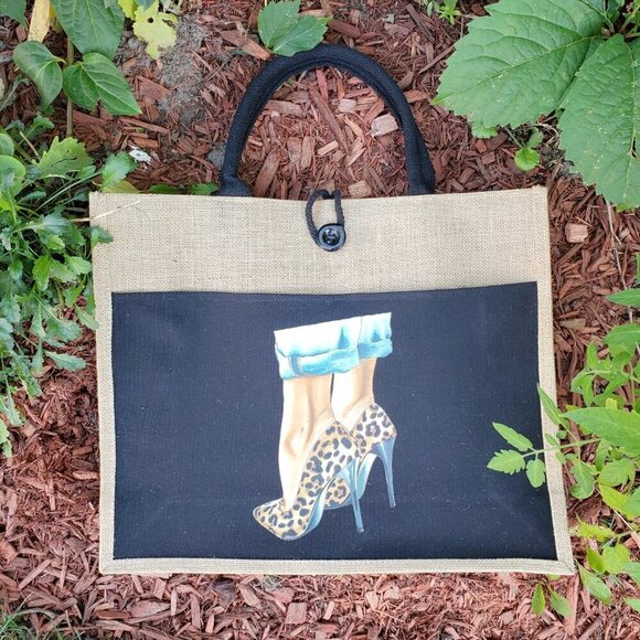 Custom Canvas Tote Bag, Large Size - Cheetah Heels Theme, Black or Cream Tote - Picture 7 of 16